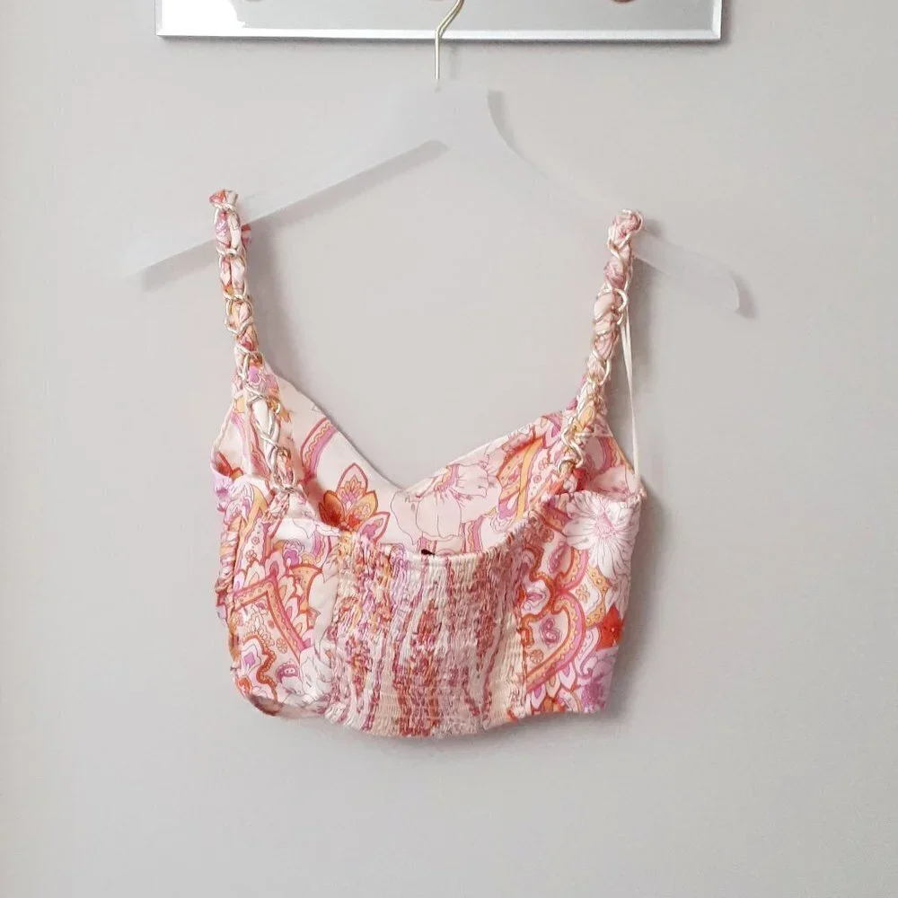 NWOT Zara pink champagne floral printed crop top with chain detail, S - Picture 9 of 10